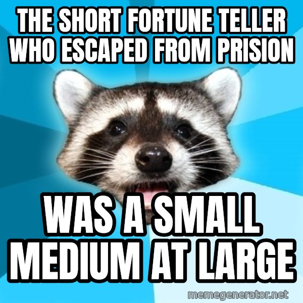 Lame Pun Coon meme: The short fortune teller who escaped from prision / was a small medium at large