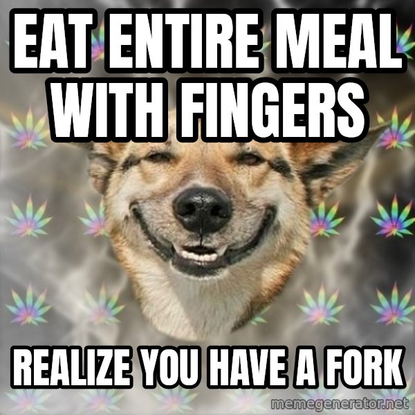 Stoner Dog meme: Eat entire meal with fingers / Realize you have a fork