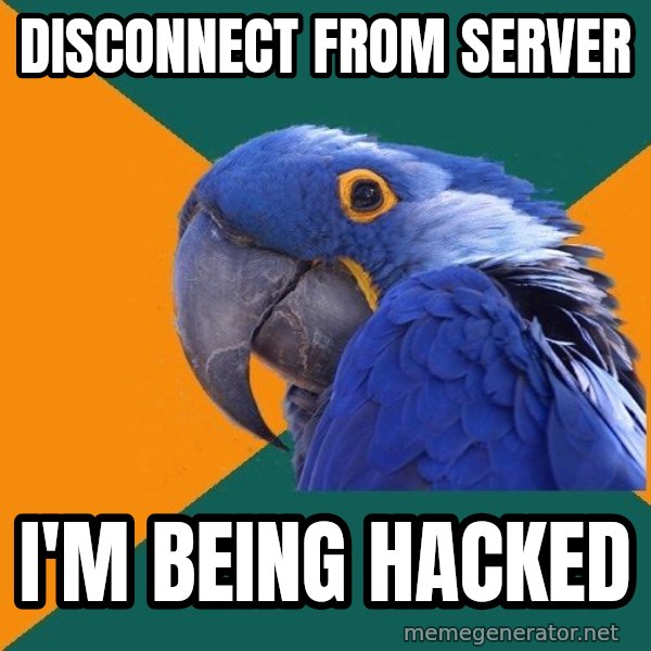 Paranoid Parrot meme: DISCONNECT from server / i'm being hacked