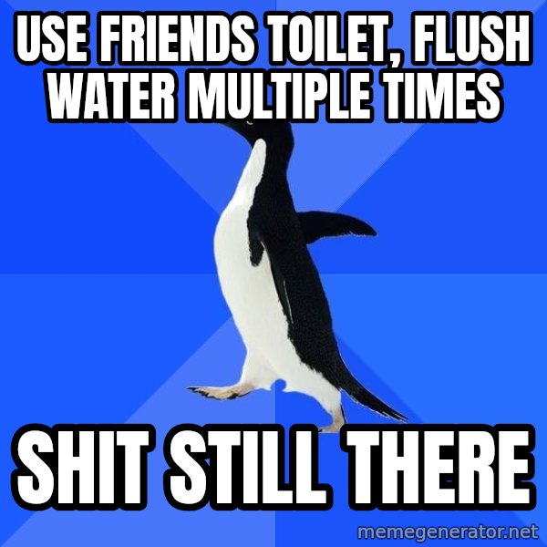 Socially Awkward Penguin meme: Use friends toilet, flush water multiple times / shit still there