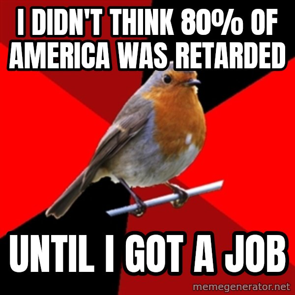 Retail Robin meme: I didn't think 80% of america was retarded / Until I got A job