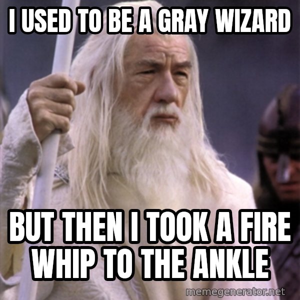 White Gandalf meme: i used to be a gray wizard / but then i took a fire whip to the ankle