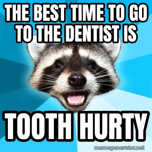 Lame Pun Coon meme: the best time to go to the dentist is / tooth hurty