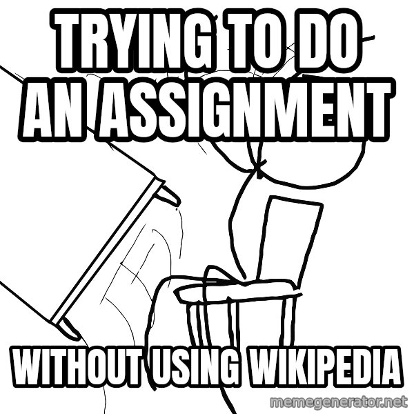 Desk Flip Rage Guy meme: trying to do an assignment / without using wikipedia