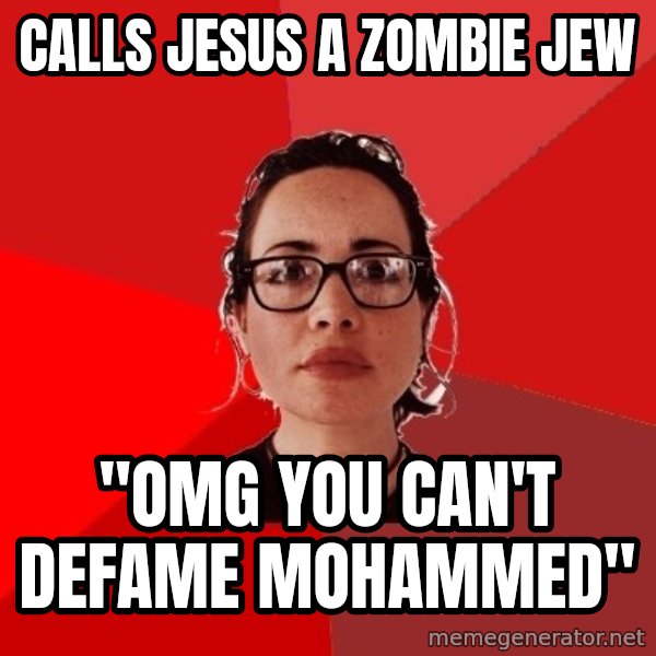 Liberal Douche Garofalo meme: calls jesus a zombie jew / "OMG you can't defame Mohammed"