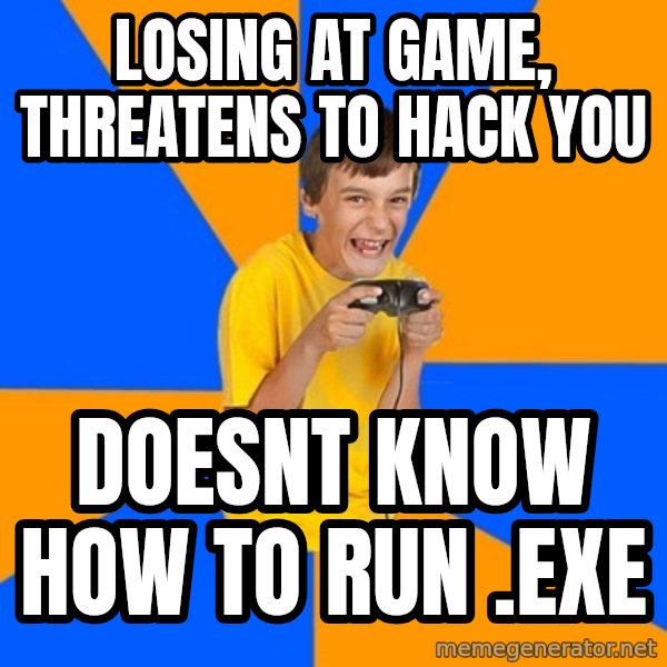 Annoying Gamer Kid meme: Losing at game, threatens to hack you / doesnt know how to run .exe