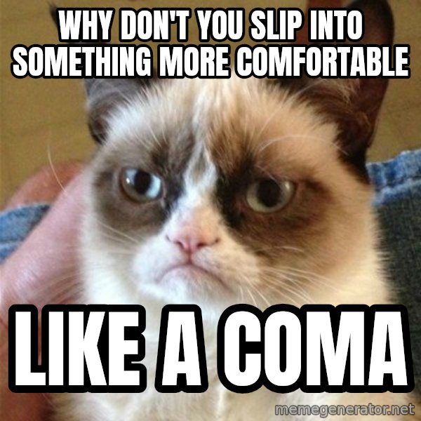 Grumpy Cat  meme: Why don't you slip into something more comfortable / Like a coma