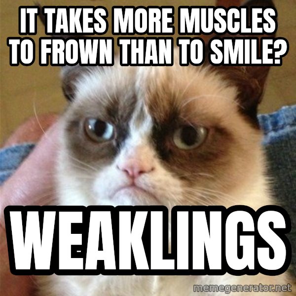 Grumpy Cat  meme: It takes more muscles to frown than to smile? / weaklings