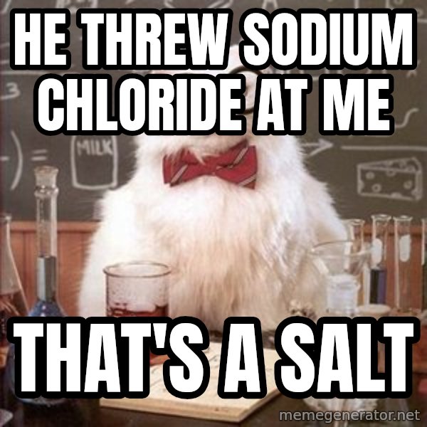Chemistry Cat meme: he threw sodium chloride at me / that's a salt