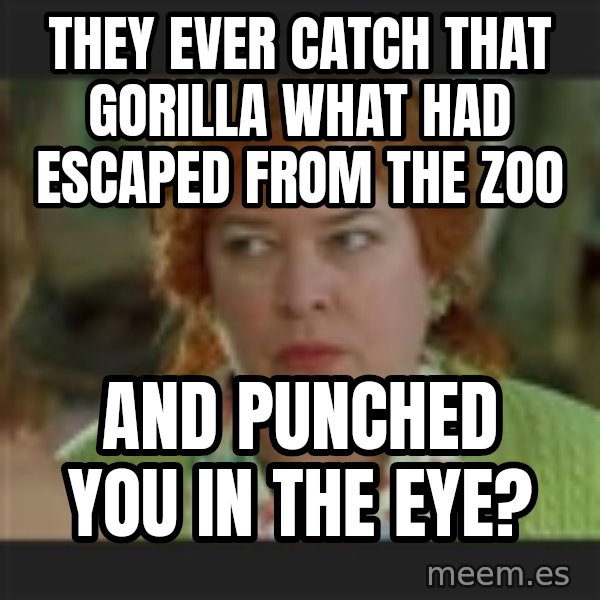 Waterboy mama meme: they ever catch that gorilla what had escaped from the zoo / and punched you in the eye?