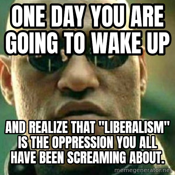What If I Told You meme: One day you are going to wake up / And realize that "liberalism" is the oppression you all have been screaming about.