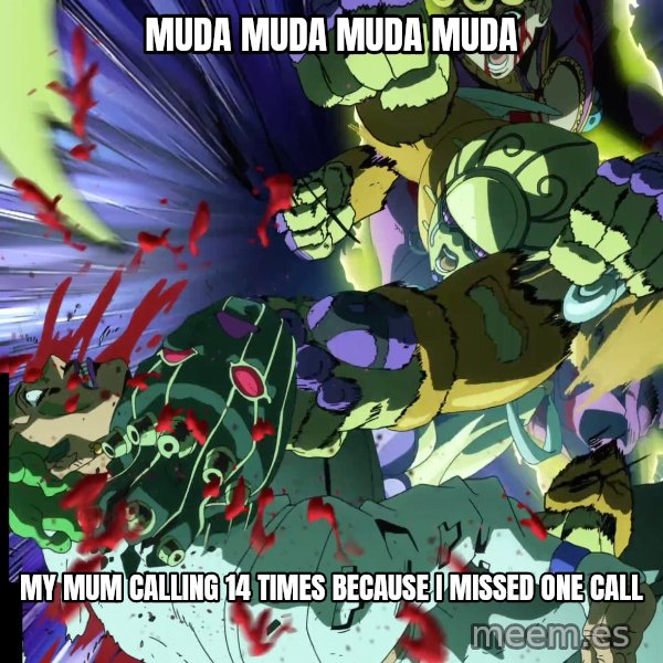 MUDA MUDA MUDA meme: MUDA MUDA MUDA MUDA / My mum calling 14 times because I missed one call