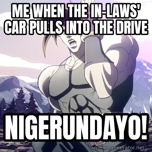 Nigerundayo! (Run Away) meme: Me when the in-laws' car pulls into the drive / NIGERUNDAYO!